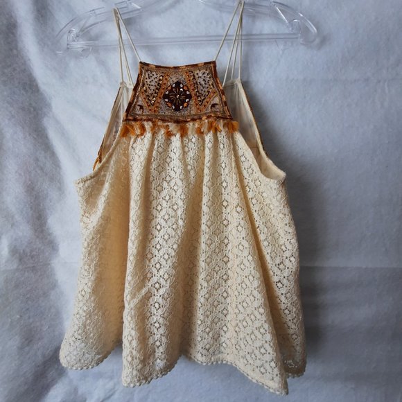 HD in Paris Anthropolgie Antique Look Lace Bohemian Beaded Tank Size 6 - Picture 13 of 16
